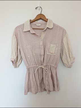POL Striped Drawstring Peplum Top in Blush & Cream